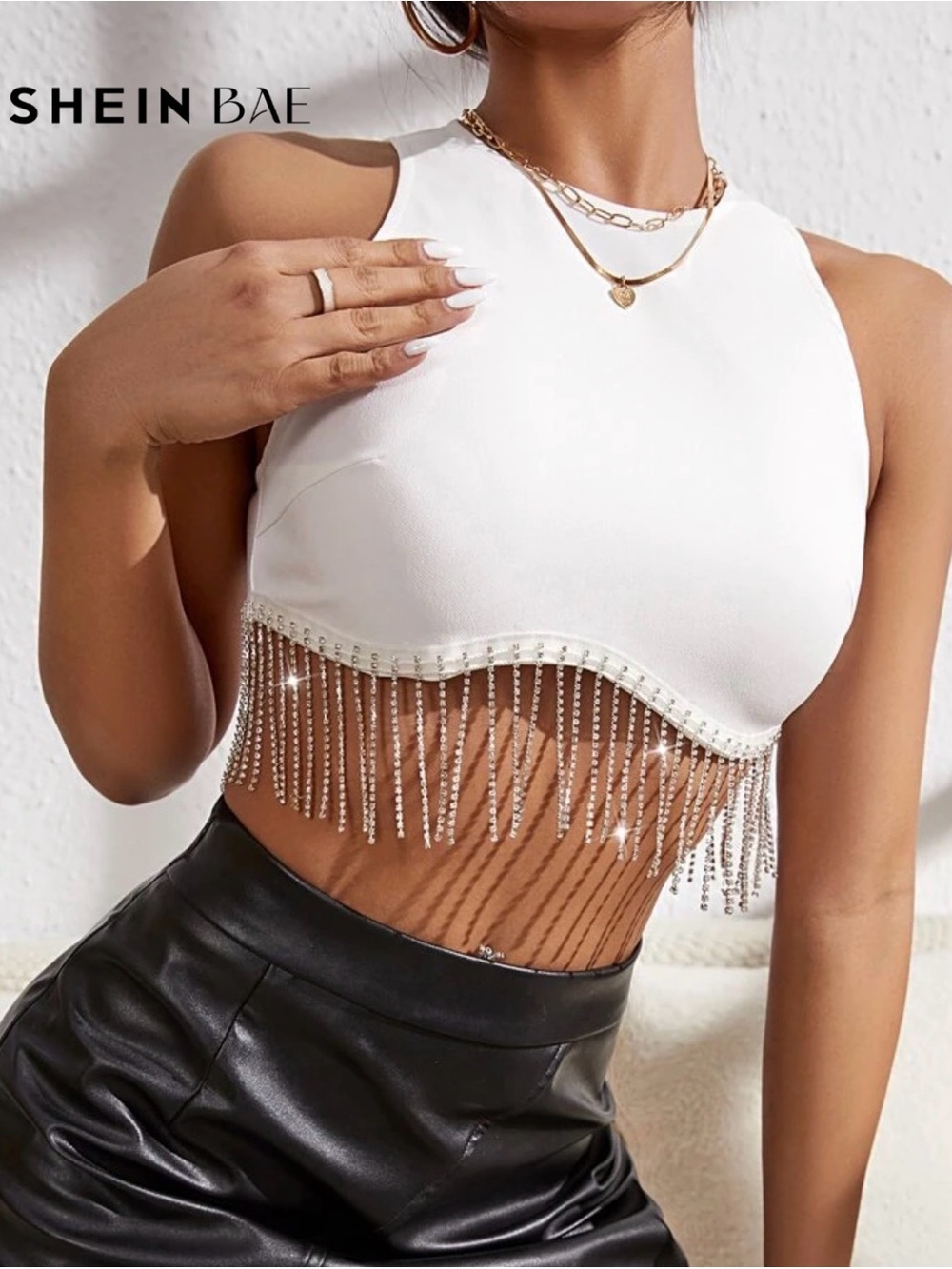 SHEIN White Crystal Fringe Crop Tank